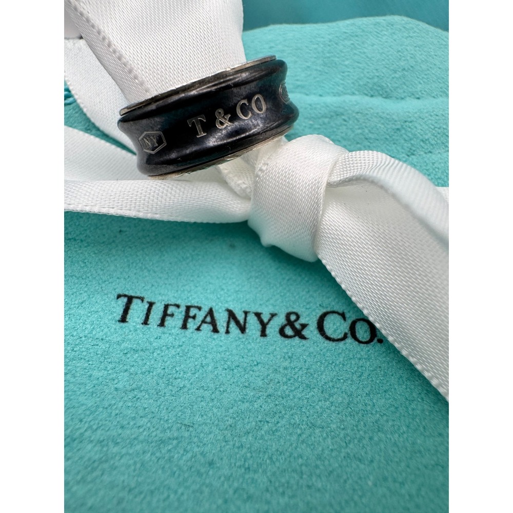 Tiffany & Co 1837 Black Titanium Sterling Silver Narrow Ring Size 5.5